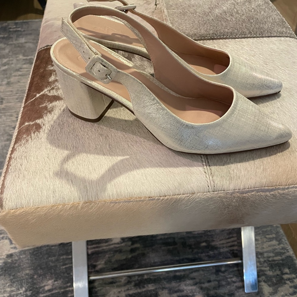 Brand new Edit 27 stacked heel gold cream sling backs